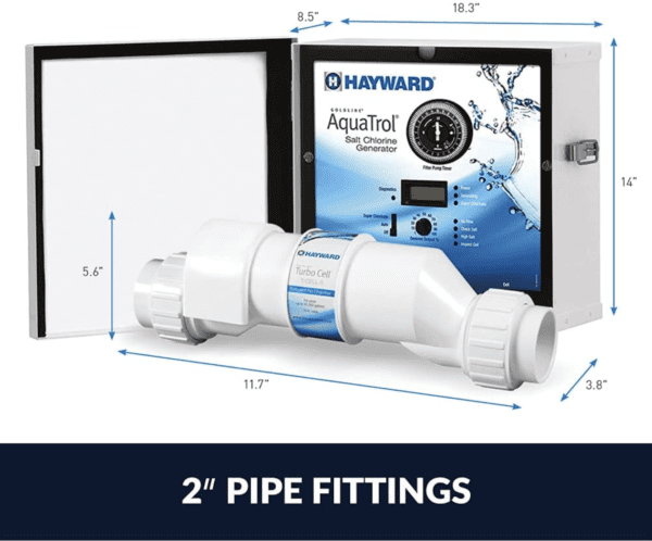 2 pipe fittings for the Hayward W3AQ-TROL-RJ AquaTrol Salt Chlorination System for Above-Ground Pools up to 18,000 Gallons with Return Jet Fittings, Straight Blade Line Cord and Outlet.